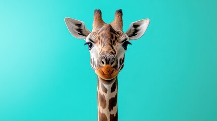 Fototapeta premium A curious giraffe gazes directly at the camera, showcasing its long neck and distinctive spots in a captivating moment of wildlife observation.