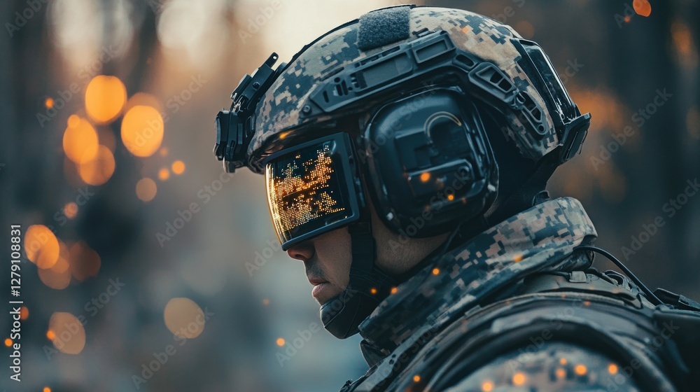 Poster advanced combat soldier with augmented reality visor in blurred environment