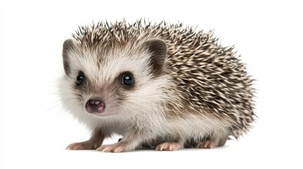 Obraz premium A cute hedgehog stands out against a clean white background, showcasing its unique quills and charming features in a minimalist setting.