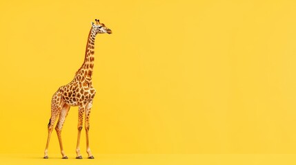 Fototapeta premium A tall giraffe poses against a vibrant yellow backdrop, showcasing its unique features and striking silhouette in a colorful setting.