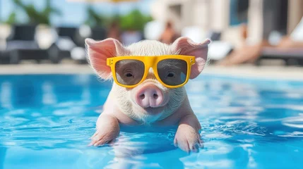 Gordijnen A playful pig wearing sunglasses relaxes in a vibrant pool, embodying a fun summer vibe and carefree spirit. © Diffin
