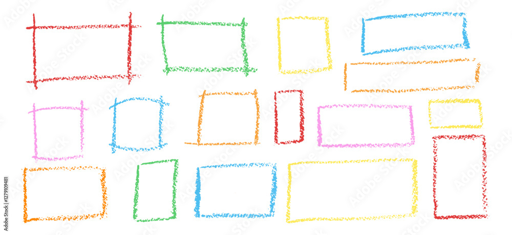Poster set of colorful chalk hand drawn frames. collection of writing on blackboard by children rectangular