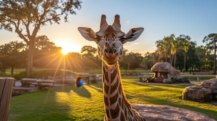 Fototapeta premium A giraffe stands gracefully in a lush grassy field as the sun sets, casting a warm glow over the tranquil landscape.