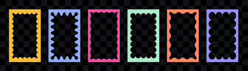 A set of colorful wiggly rectangular shapes with curved borders. Vector collection of squiggly rectangle photo frames or mirrors with wavy edges