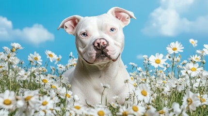 Obraz premium A white dog rests peacefully among vibrant daisies in a sunny field, embodying tranquility and the beauty of nature.