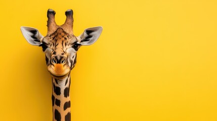 Obraz premium A giraffe stands gracefully against a vibrant yellow wall, showcasing its unique features and height in a striking visual contrast.