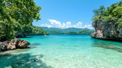 Obraz premium Turquoise water of a tropical lagoon surrounded by lush green cliffs under a clear blue sky.