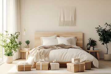 there is a bed with a lot of presents on the bed