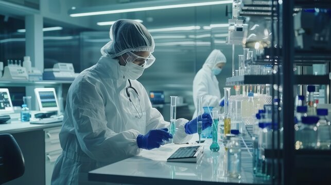 Scientists research in modern lab, analyzing samples