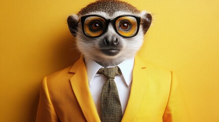 A giraffe dressed in a formal suit and tie, complete with glasses, showcases a whimsical blend of elegance and playfulness in its appearance.