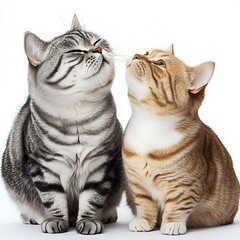 there are two cats sitting next to each other on a white surface