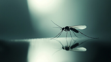 Mosquito perched on a reflective surface under soft light in a dimly lit environment