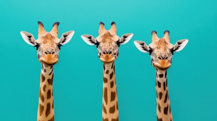 Obraz premium Three giraffes pose elegantly against a vibrant blue and green background, showcasing their unique patterns and long necks in a striking composition.
