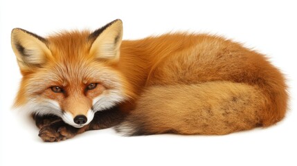 A red fox rests gracefully on the ground, showcasing its vibrant fur and keen gaze, embodying the beauty of wildlife in a serene pose.