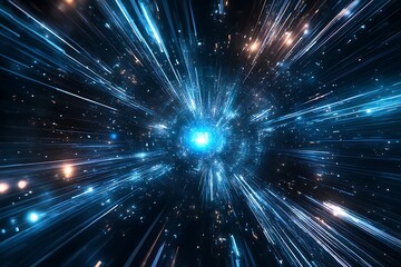 Fototapeta premium Abstract burst of blue and orange light streaks, radiating from a bright center. 