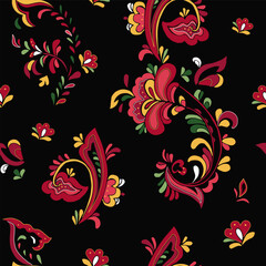 Seamless vector pattern with norwegian folk ornament. Rosemaling style. Hand drawn illustration. Background for greeting card, website, printing on fabric, gift wrap, postcard and wallpapers. 