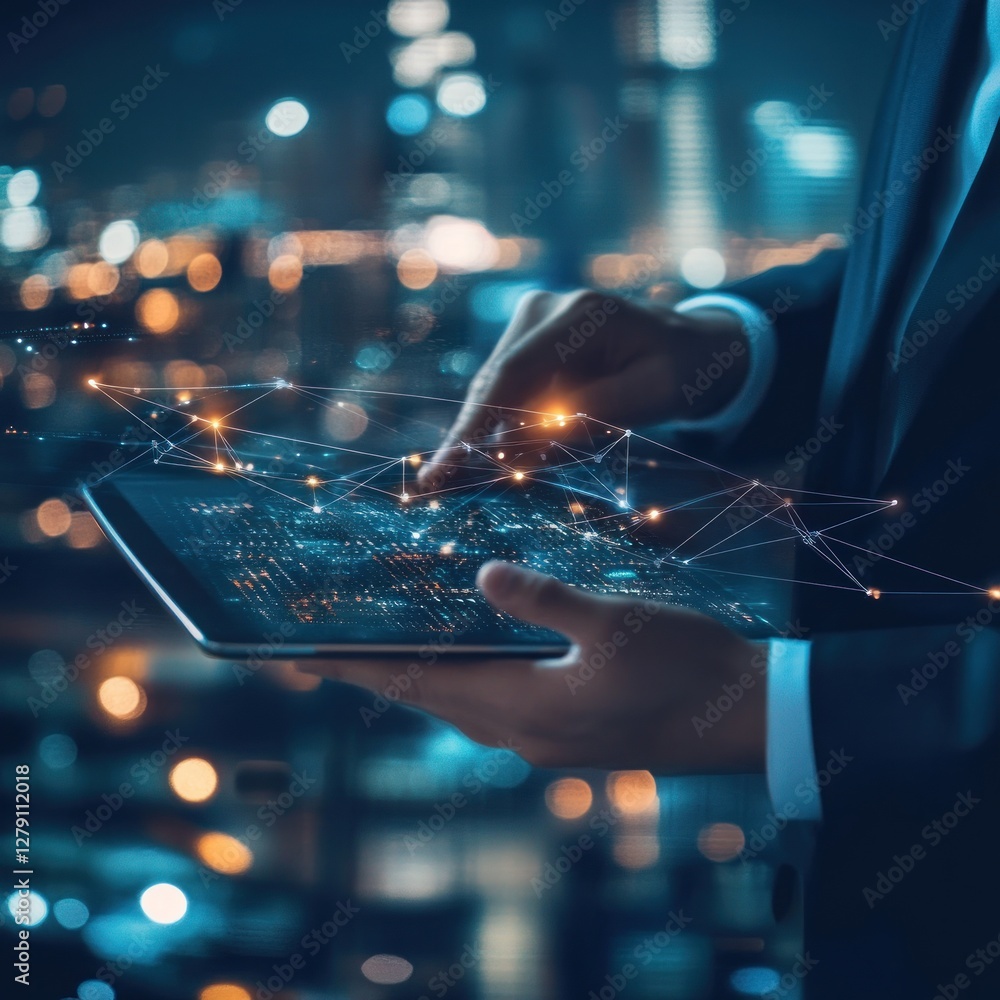 Poster businessman using tablet displaying network connections