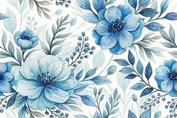 Aerial Watercolor Floral Print Design, Blue Nature Pattern