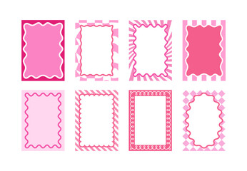 Set of Retro FRAMES WITH DOODLE RED, PINK curvy squiggly wavy. Wave scalloped edge frame. Cute curved frame box. Trendy vector template for greeting card, poster, invitation