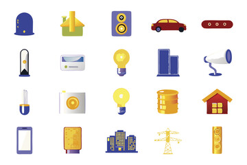 Create 15 high-tech, minimalist IoT icons depicting smart home devices, wearables, sensors, and network connections.  Focus on clean lines and modern aesthetics.