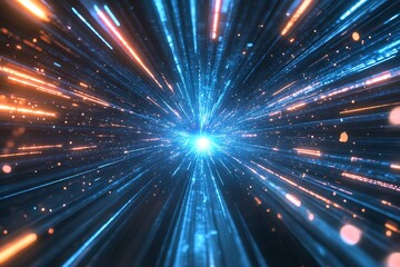 Obraz premium Abstract burst of blue and orange light streaks, radiating from a bright center. 