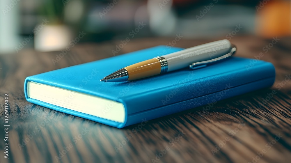 Poster close up view of a notebook and pen placed on a wooden desk representing the and anticipation of a f