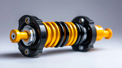 Close-Up View of a Black and Yellow Shock Absorber Demonstrating Precision Engineering and Modern Aesthetic