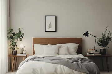 there is a bed with a white comforter and a wooden headboard