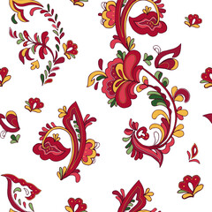 Seamless vector pattern with norwegian folk ornament. Rosemaling style. Hand drawn illustration. Background for greeting card, website, printing on fabric, gift wrap, postcard and wallpapers. 