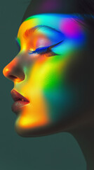 futuristic beauty portrait of a woman with rainbow light reflections &ndash; artistic fashion and creative makeup concept