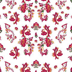 Seamless vector pattern with norwegian folk ornament. Rosemaling style. Hand drawn illustration. Background for greeting card, website, printing on fabric, gift wrap, postcard and wallpapers. 