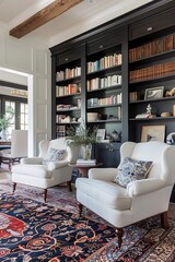 there are two chairs in the living room with a rug on the floor