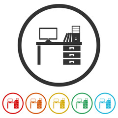 Computer table icon. Set icons in color circle buttons