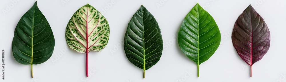 Poster a collection of varied green leaves on white surface showcasing different textures and patterns of n