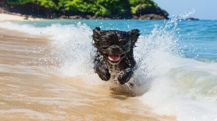 A joyful dog splashes through the water at the beach, embodying playfulness and freedom in a vibrant coastal setting.