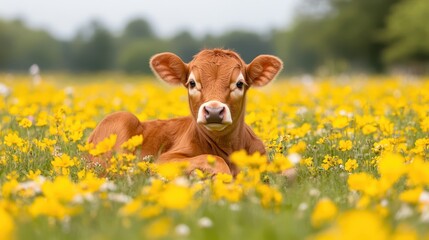 A brown cow rests peacefully in a vibrant field filled with bright yellow flowers under a clear sky.