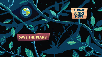 Design a striking, artistic banner promoting climate justice, incorporating vibrant greens and powerful imagery.  Emphasize urgency and hope.