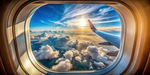 Fototapeta premium Airplane Wing View from Interior, Blue Sky Flight, Realistic Photo