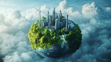 Sustainable City on a Miniature Planet, A miniature planet with a cityscape surrounded by lush greenery, solar panels, and wind turbines, symbolizing sustainable urban development and renewable energy