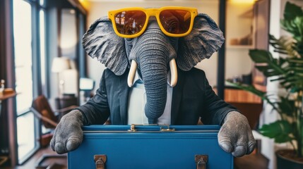 Fototapeta premium A stylish elephant sports sunglasses while confidently holding a suitcase, embodying a fun travel theme with a playful twist.