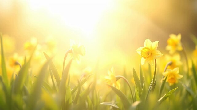 Tranquil Daffodil Bloom: Serene Spring Animation, Vibrant Yellow Blossoms Unfolding in Gentle Breeze, Peaceful Nature Scene, Perfect for Relaxation, Meditation, Wellness, Springtime Background,       