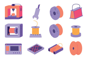 Design a vibrant icon pack representing 3D printing and additive manufacturing processes.  Include diverse models and stages.