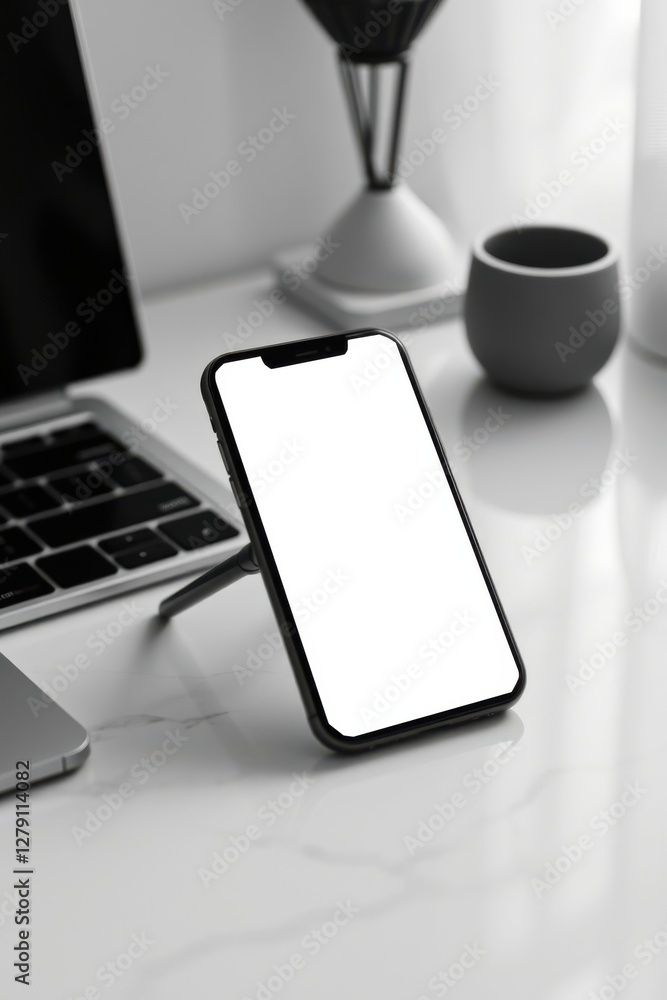 Poster sleek smartphone with a blank white screen on a modern desk setting, ready for customization.