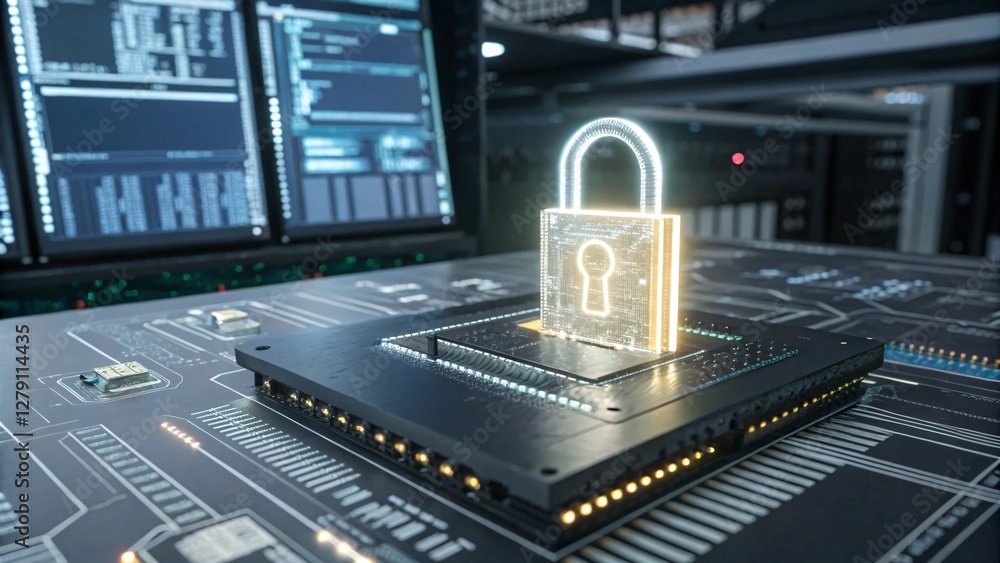 Poster cybersecurity padlock on circuit board with computer screens: network protection