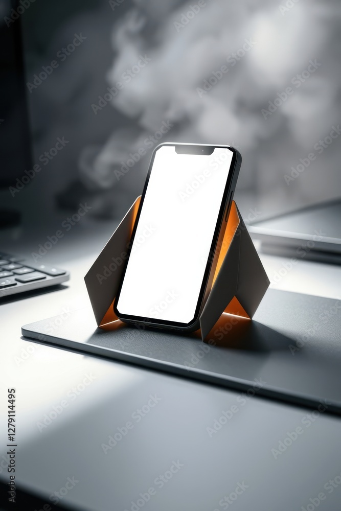 Poster smartphone rests on a desk stand, presenting a blank display amid a minimalist workspace setting.