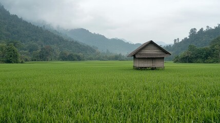 Fototapeta premium Lonely hut in misty rice paddy, mountains backdrop, serene landscape, travel photography