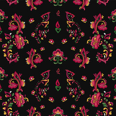 Seamless vector pattern with norwegian folk ornament. Rosemaling style. Hand drawn illustration. Background for greeting card, website, printing on fabric, gift wrap, postcard and wallpapers. 