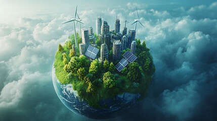 Sustainable City on a Miniature Planet, A miniature planet with a cityscape surrounded by lush greenery, solar panels, and wind turbines, symbolizing sustainable urban development and renewable energy