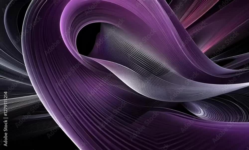 Poster dynamic flowing lines with a gradient of black and shiny purple, conveying elegance and fluidity. 4k