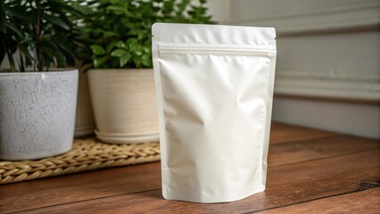 Home Product Packaging: White Stand-Up Pouch with Zip Closure on Wood